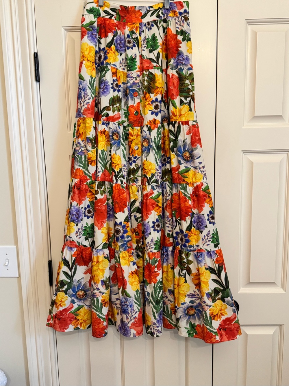 CARA CARA Floral Tiered Maxi Skirt - Off White with bright floral print
Size M